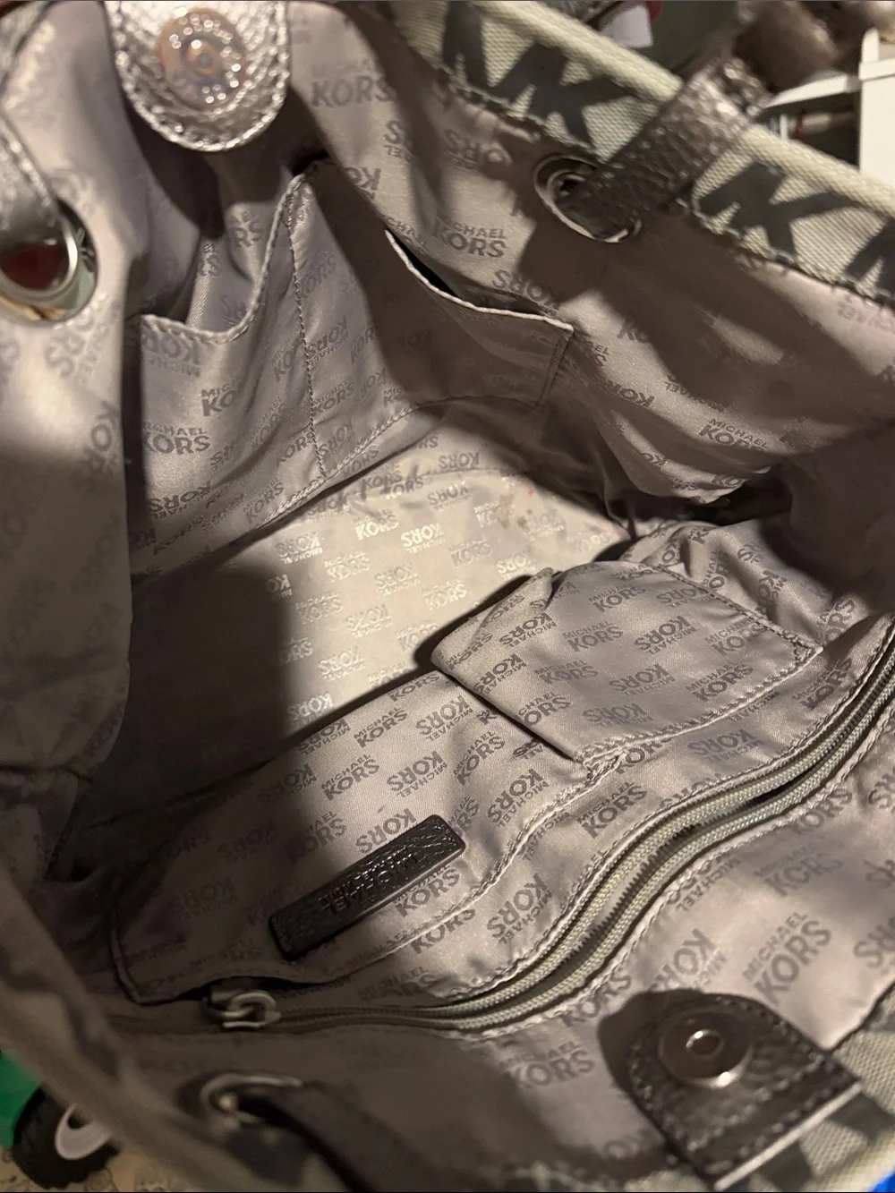 Michael Kors Gray Signature MK Shopper Tote with Metallic Straps